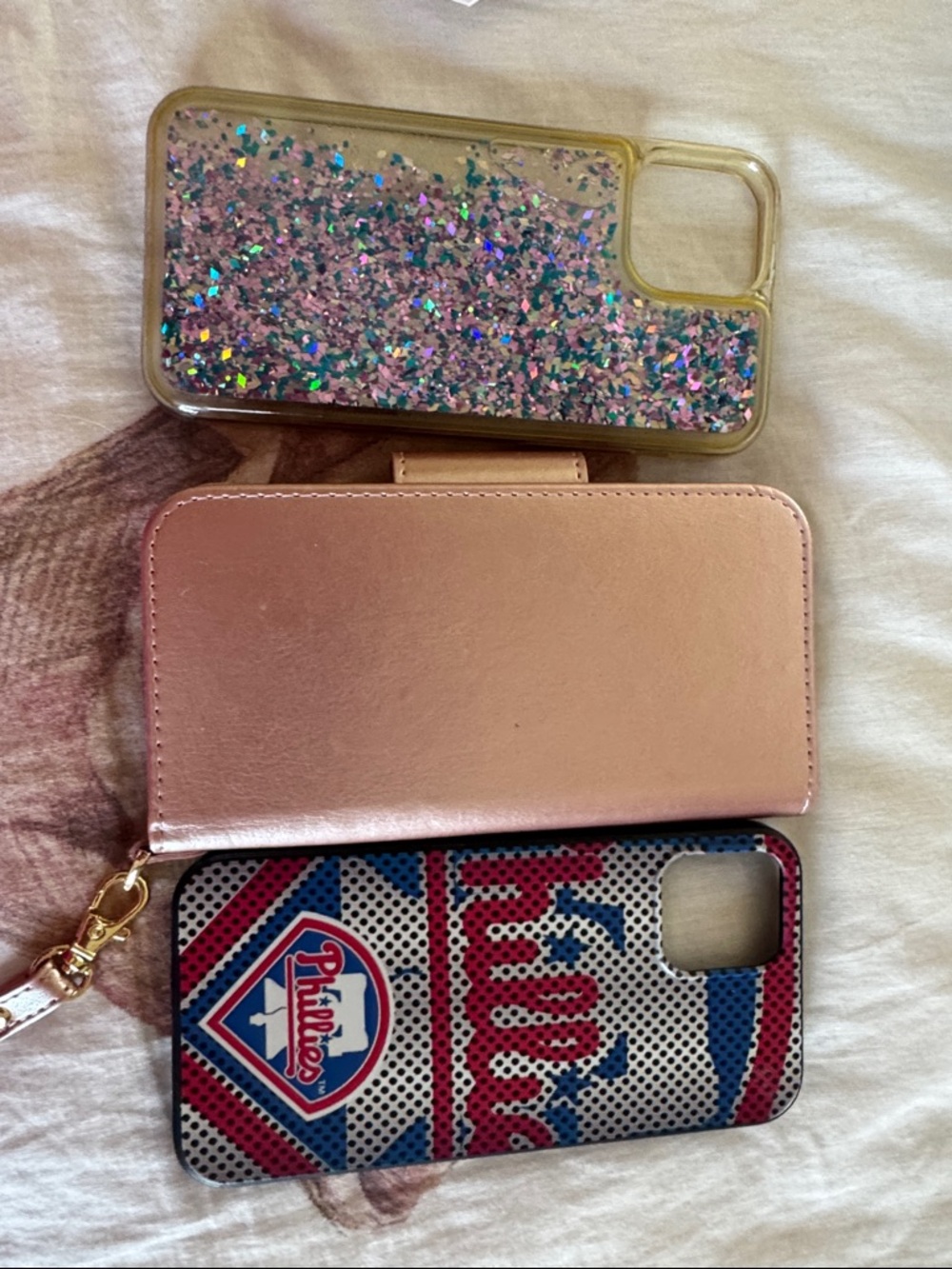 Rose Gold Wallet Phone Case with Pink Glitter & Phillies Graphic Options